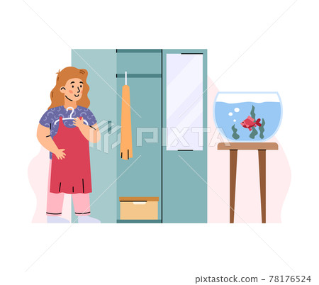 Little girl cleans room and hangs clothes, cartoon vector illustration isolated. 78176524