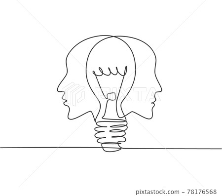 Single continuous line drawing of twin human face with light bulb in the middle logo label. Psychology mind inspiration icon label concept. Trendy one line draw graphic design vector illustration Single continuous line drawing of twin human face with light bulb in the middle logo label. Psychology mind inspiration icon label concept. Trendy one line draw graphic design vector illustration 78176568