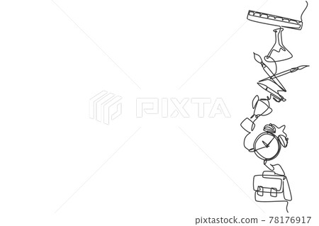 Single continuous line drawing of flask, trophy, alarm clock, briefcase set for page layout. Back to school minimalist style. Education concept. Modern one line draw graphic design vector illustration 78176917