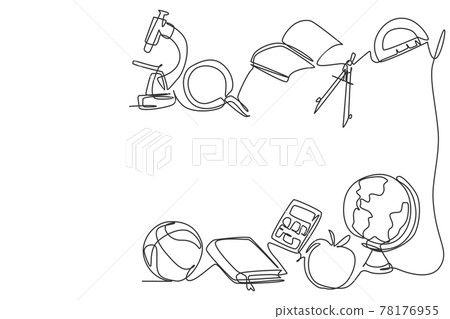 Single continuous line drawing of equipment school set such as book, globe, magnifier. Back to school minimalist style. Education concept. Modern one line draw graphic design vector illustration 78176955