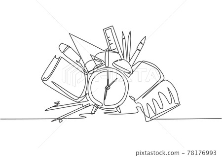 Single continuous line drawing of alarm clock with book, pencil, pen, ruler, compass set. Back to school minimalist style. Education concept. Modern one line draw graphic design vector illustration 78176993