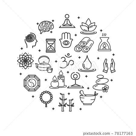 Yoga Meditation Relaxation Sign Round Design Template Thin Line Icon Banner. Vector 78177163