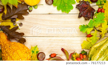 Autumn pattern. Natural harvest with orange pumpkin, fall dried leaves, red berries and acorns, chestnuts on wooden background in shape frame. Autumn Thanksgiving day background. Autumn pattern. Natural harvest with orange pumpkin, fall dried leaves, red berries and acorns, chestnuts on wooden background in shape frame. Autumn Thanksgiving day background. 78177213