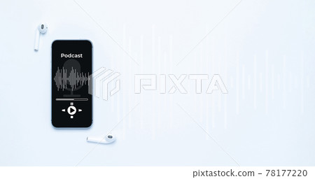 Podcast icon. Audio equipment with microphone, sound headphones, podcast application on mobile smartphone screen. Radio recording sound voice on white background. Broadcast media music concept. Podcast icon. Audio equipment with microphone, sound headphones, podcast application on mobile smartphone screen. Radio recording sound voice on white background. Broadcast media music concept. 78177220