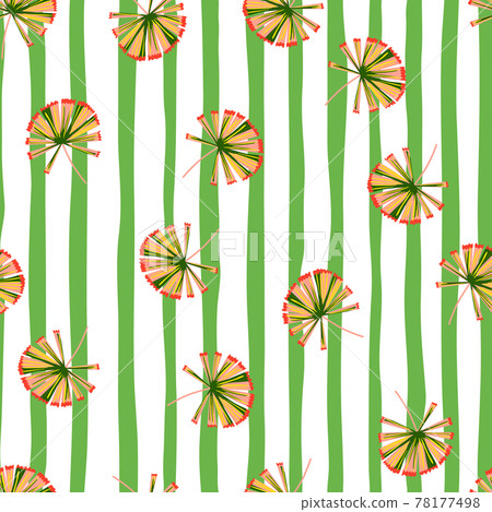 Summer seamless botany pattern with random simple palm licuala shapes. Green and white striped background. Summer seamless botany pattern with random simple palm licuala shapes. Green and white striped background. 78177498