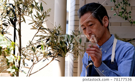 照顧室內植物的老人 78177536