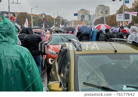 October 11 2020 Minsk Belarus Heavy rain during a peaceful demonstration against the illegitimate president of Belarus October 11 2020 Minsk Belarus Heavy rain during a peaceful demonstration against the illegitimate president of Belarus 78177642