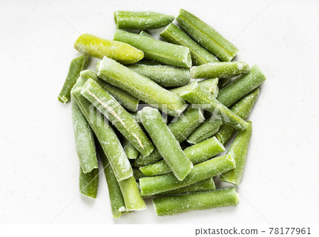 pile of cut and frozen green beans closeup on gray pile of cut and frozen green beans closeup on gray 78177961