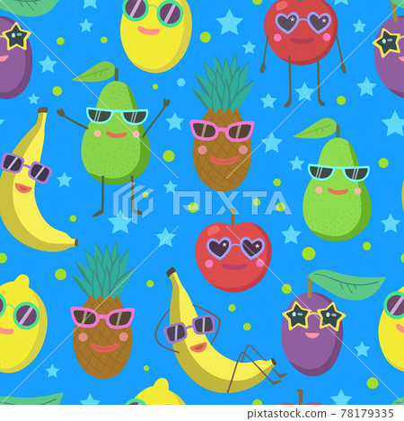 Cute seamless pattern with cartoon fruits characters in sunglasses, avocado, banana, pineapple, lemon and apple. 78179335
