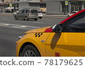 Yellow taxi with checker pattern, close-up view. Yellow taxi cab on the street of downtown 78179625