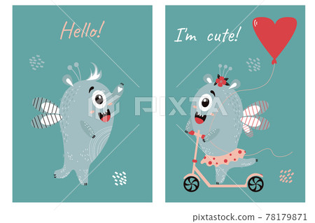 set of childrens cards with cute monsters. Joyful Boy and Monster Girl on a scooter with a tect - I m cute. Vector illustration. For childrens postcards, design, decor and printing, decoration  78179871