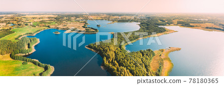 Braslaw District, Vitebsk Voblast, Belarus. Aerial View Of Nedrovo Lake, Green Forest Landscape. Top View Of Beautiful European Nature From High Attitude. Bird's Eye View. Famous Lakes. Panorama 78180365