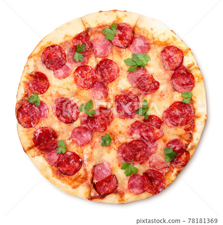 Round pizza with salami and mozzarella on white background, isolated. The view from top Round pizza with salami and mozzarella on white background, isolated. The view from top 78181369
