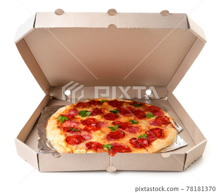 Round pizza with salami and mozzarella in a box on a white background. Isolated Round pizza with salami and mozzarella in a box on a white background. Isolated 78181370