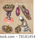 Cocoa harvesting. Agriculture. An hand drawn vector illustrations on an vintage background. Cocoa harvesting. Agriculture. An hand drawn vector illustrations on an vintage background. 78181454