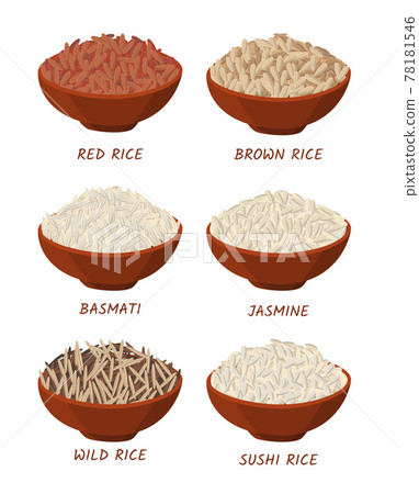 Cartoon Color Different Types Rice in Bowls Set. Vector Cartoon Color Different Types Rice in Bowls Set. Vector 78181546
