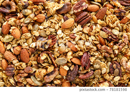 Granola background, muesli with nuts for breakfast, healthy food, diet. Granola background, muesli with nuts for breakfast, healthy food, diet. 78181598