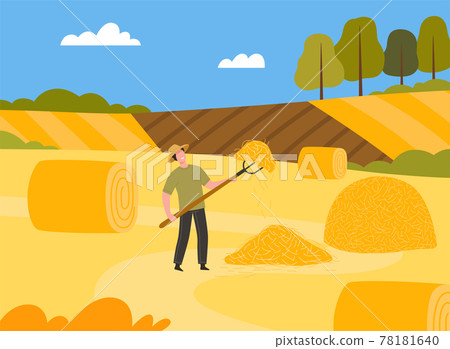 Man Farmer in Straw Hat Holding Pitchfork... - Stock Illustration ...
