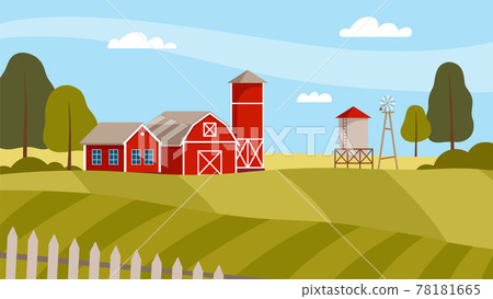 Country View with Sown Field, Barn House and Pasture Land as Green Landscape Vector Illustration 78181665
