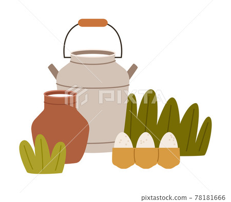 Milk Poured in Ceramic Jug and hurn and Eggs Vector Composition Milk Poured in Ceramic Jug and hurn and Eggs Vector Composition 78181666