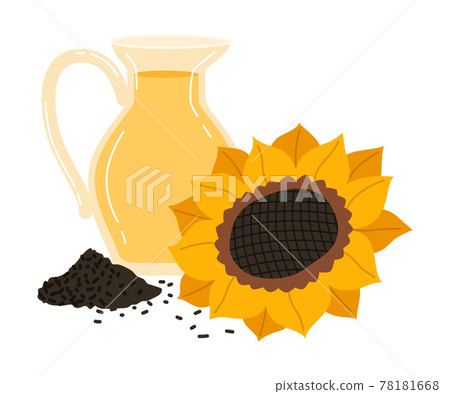 Ripe Sunflower and Jug with Oil as Seasonal Harvesting and Yield Vector Illustration Ripe Sunflower and Jug with Oil as Seasonal Harvesting and Yield Vector Illustration 78181668
