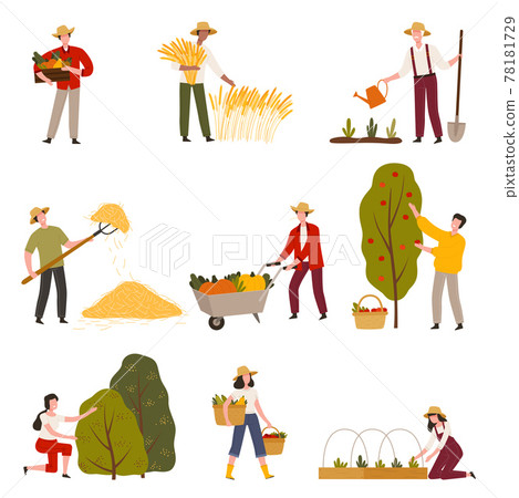 Farmers or Agricultural Workers Cultivating Plants and Gathering Crops Vector Illustration Set 78181729