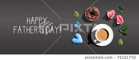 Happy fathers day message with a cup of coffee and a donut 78181750