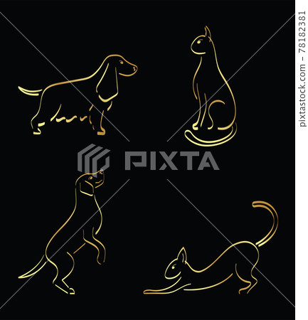 Golden outline set of dogs, spaniel, labrador, cats Golden outline set of dogs, spaniel, labrador, cats 78182381