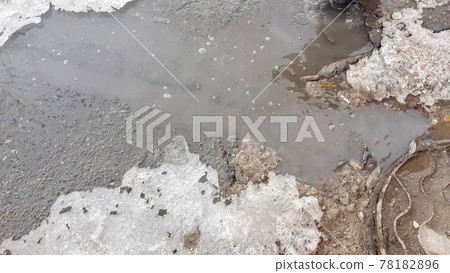 The texture of a muddy puddle with snow, ice and debris, spring snowmelt, outdoor stream The texture of a muddy puddle with snow, ice and debris, spring snowmelt, outdoor stream 78182896
