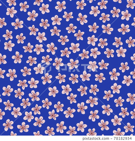 Seamless pattern with blossoming Japanese cherry sakura for fabric, packaging, wallpaper, textile decor, design, invitations, print, gift wrap, manufacturing. Pink flowers on blue background. Seamless pattern with blossoming Japanese cherry sakura for fabric, packaging, wallpaper, textile decor, design, invitations, print, gift wrap, manufacturing. Pink flowers on blue background. 78182934