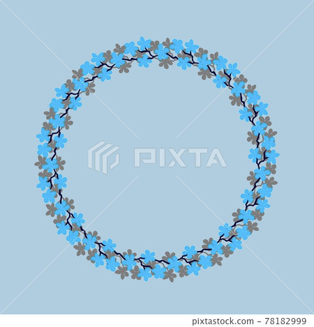 Colorful flowers wreath. Delicate wreath of sakura branches. Flowers blossom hand drawn, circle frame of cyan and gray colors flowers on heavenly. Design for invitation, wedding invitation or cards. 78182999