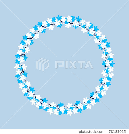 Colorful flowers wreath. Delicate wreath of sakura branches. Flowers blossom hand drawn, circle frame of cyan and white colors flowers. Design for invitation, wedding invitation or greeting cards. Colorful flowers wreath. Delicate wreath of sakura branches. Flowers blossom hand drawn, circle frame of cyan and white colors flowers. Design for invitation, wedding invitation or greeting cards. 78183015