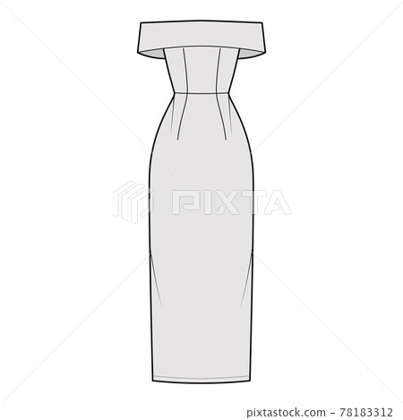 Dress off-the-shoulder Bardot technical fashion illustration with sleeveless, fitted body floor maxi length pencil skirt 78183312