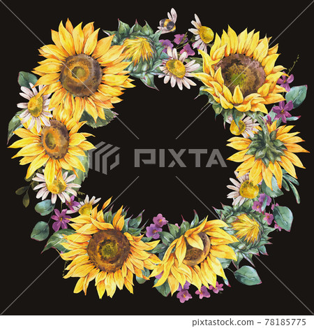 Watercolor sunflowers summer vintage wreath. Natural yellow floral frame Watercolor sunflowers summer vintage wreath. Natural yellow floral frame 78185775