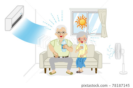 Senior couple hydrating in an air-conditioned living room 78187145