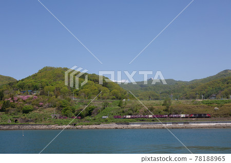 A freight train coming out of the Oiso tunnel in Toyako-cho at Toyoura-Toya station on the Muroran main line 78188965