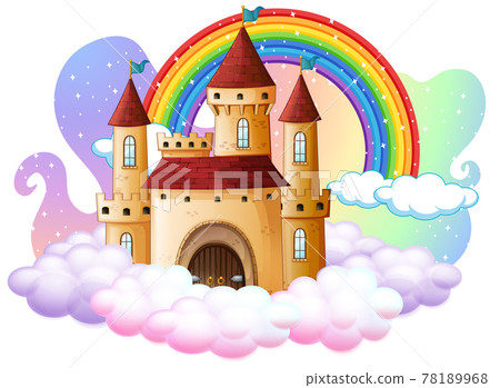 Castle with rainbow on the cloud isolated on white background Castle with rainbow on the cloud isolated on white background 78189968