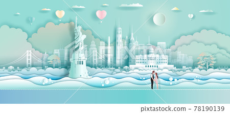 Travel America landmarks with love balloons and couple in paper art. Travel America landmarks with love balloons and couple in paper art. 78190139