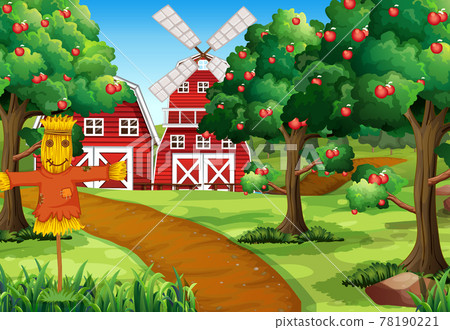 Farm scene with red barn and windmill - Stock Illustration [78190221 ...