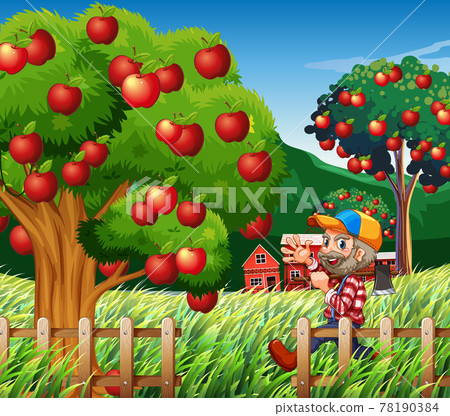 Farm scene with farmer harvests apples Farm scene with farmer harvests apples 78190384