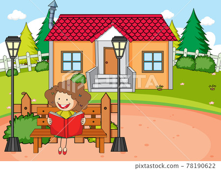 Front house scene with a girl reading book sitting on bench Front house scene with a girl reading book sitting on bench 78190622