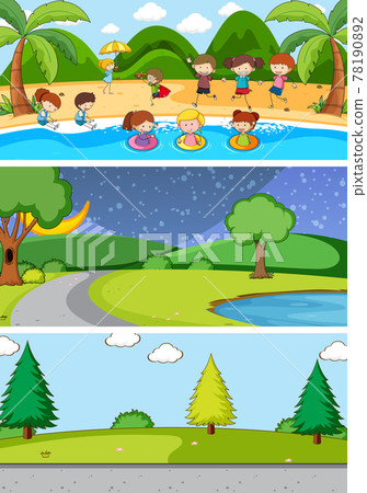 Set of different horizontal scenes background with doodle kids cartoon character 78190892