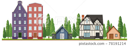 Front of country houses on white background 78191214