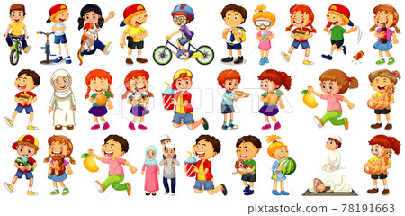 Children doing different activities cartoon character set on white background Children doing different activities cartoon character set on white background 78191663
