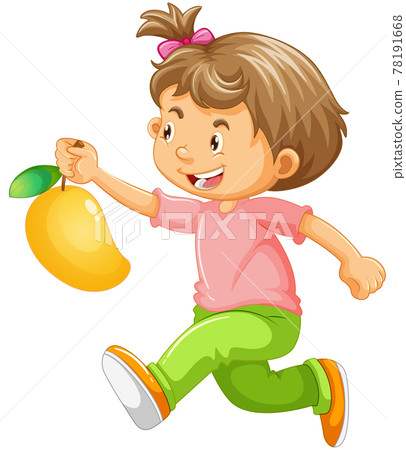 Happy girl cartoon character holding a mango Happy girl cartoon character holding a mango 78191668