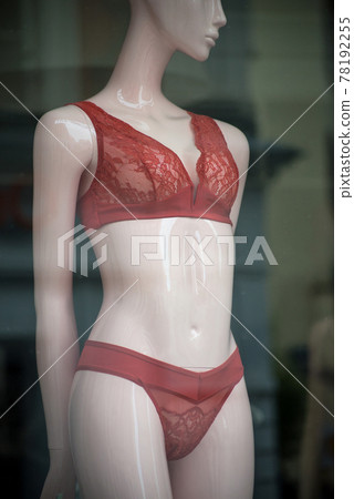 Closeup Of Red Underwear On Mannequin In Fashion Store Showroom