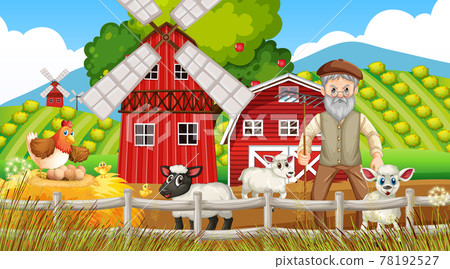 Farm at daytime scene with old farmer man and... - Stock Illustration ...