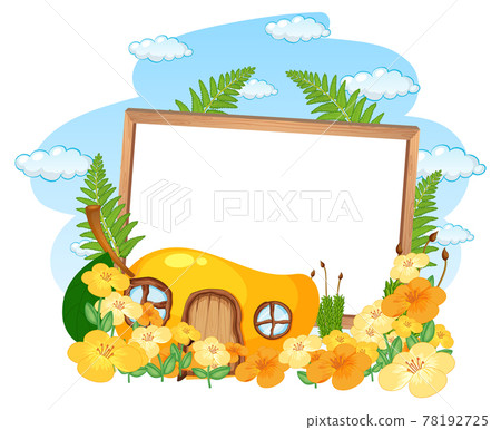 Empty banner with fantasy mango house and many flowers Empty banner with fantasy mango house and many flowers 78192725
