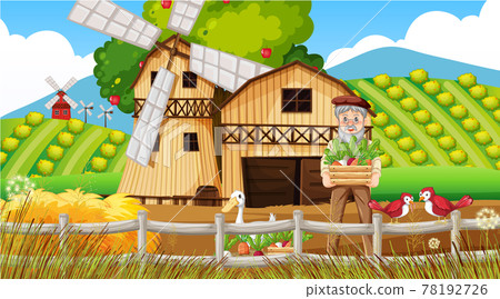 Farm scene with old farmer man and farm animals Farm scene with old farmer man and farm animals 78192726