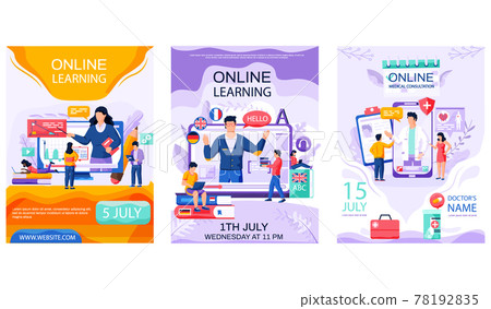 Set of illustrations about online services concept poster. Internet education, medical consultation Set of illustrations about online services concept poster. Internet education, medical consultation 78192835